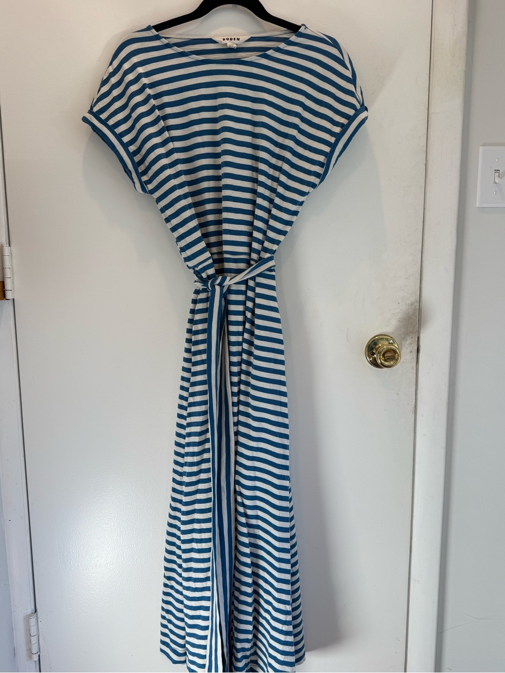 Boden Teal and White Striped Tie-Waist Midi Dress